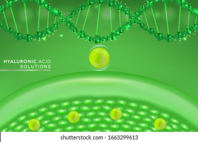 Hyaluronic acid skin solutions ad, green collagen serum drop with cosmetic advertising background ready to use, illustration vector.	