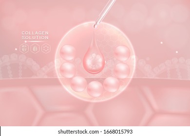 Hyaluronic acid skin solutions ad, pink collagen serum drop with cosmetic advertising background ready to use, illustration vector.	