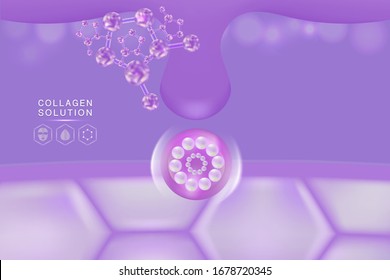 Hyaluronic acid skin solutions ad, purple collagen serum drop with cosmetic advertising background ready to use, illustration vector.	