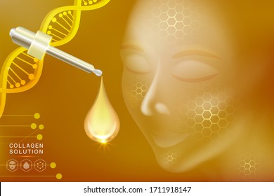 Hyaluronic acid skin solutions ad, gold collagen serum drop with cosmetic advertising background ready to use, illustration vector.