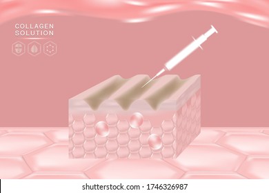 Hyaluronic acid skin solutions ad, pink collagen serum drop with cosmetic advertising background ready to use, illustration vector.	
