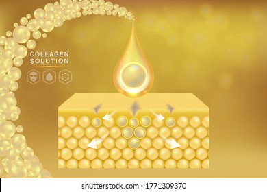 Hyaluronic acid skin solutions ad, gold collagen serum drop with cosmetic advertising background ready to use, illustration vector.