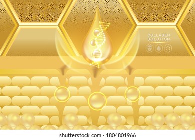 Hyaluronic acid skin solutions ad, gold collagen serum drop with cosmetic advertising background ready to use, illustration vector.	