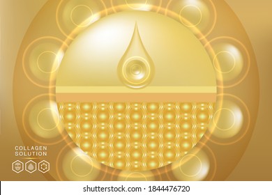 Hyaluronic acid skin solutions ad, gold collagen serum drop with cosmetic advertising background ready to use, illustration vector.	