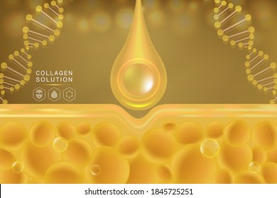 Hyaluronic acid skin solutions ad, gold collagen serum drop with cosmetic advertising background ready to use, illustration vector.	