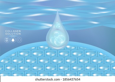 Hyaluronic acid skin solutions ad, blue collagen serum drop with cosmetic advertising background ready to use, illustration vector.	