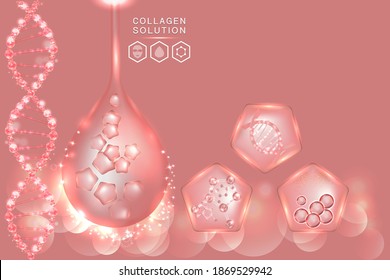 Hyaluronic acid skin solutions ad, pink collagen serum drop with cosmetic advertising background ready to use, illustration vector.	

