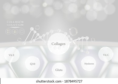 Hyaluronic acid skin solutions ad, white collagen serum drop with cosmetic advertising background ready to use, illustration vector.	