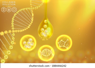 Hyaluronic acid skin solutions ad, gold collagen serum drop with cosmetic advertising background ready to use, illustration vector.	