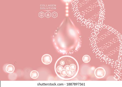 Hyaluronic acid skin solutions ad, pink collagen serum drop with cosmetic advertising background ready to use, illustration vector.	