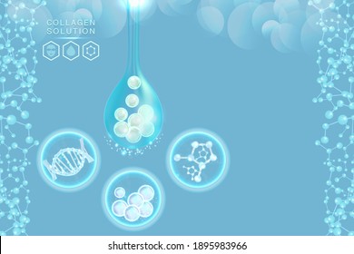 Hyaluronic acid skin solutions ad, blue collagen serum drop with cosmetic advertising background ready to use, illustration vector.	