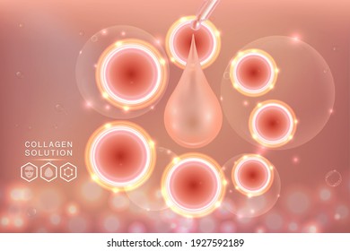 Hyaluronic acid skin solutions ad, pink collagen serum drop with cosmetic advertising background ready to use, illustration vector.	