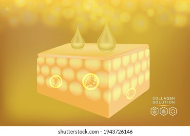 Hyaluronic acid skin solutions ad, gold collagen serum drop with cosmetic advertising background ready to use, illustration vector.	