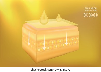 Hyaluronic acid skin solutions ad, gold collagen serum drops with cosmetic advertising background ready to use, illustration vector.	