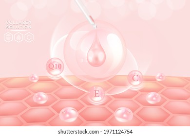 Hyaluronic acid skin solutions ad, pink collagen, and vitamins serum drops with cosmetic advertising background ready to use, illustration vector.