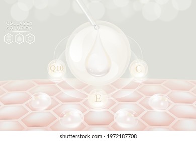 Hyaluronic acid skin solutions ad, white collagen, and vitamins serum drops with cosmetic advertising background ready to use, illustration vector.