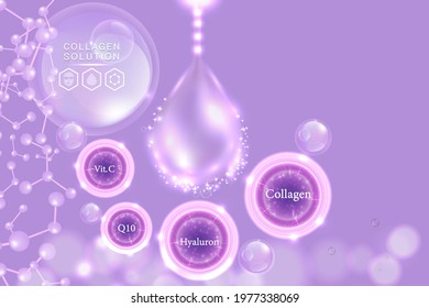 Hyaluronic acid skin solutions ad, purple collagen serum drop with cosmetic advertising background ready to use, illustration vector.	
