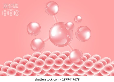 Hyaluronic acid skin solutions ad, pink collagen serum drops over pink skin cells with cosmetic advertising background ready to use, illustration vector.