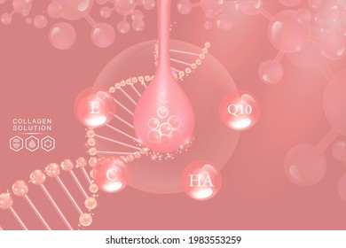 Hyaluronic acid skin solutions ad, pink collagen, and vitamins serum drops with cosmetic advertising background ready to use, illustration vector.