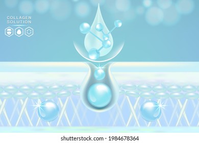 Hyaluronic acid skin solutions ad, blue collagen serum drops with cosmetic advertising background ready to use, illustration vector.