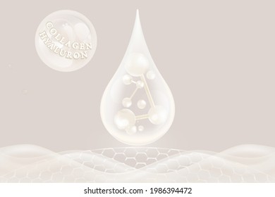 Solución cutánea de ácido hialurónico y gotas séricas de colágeno blanco con fondo publicitario estético listo para usar, vector ilustrativo.