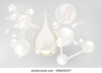 Hyaluronic acid skin solutions ad, white collagen serum drops with cosmetic advertising background ready to use, illustration vector.