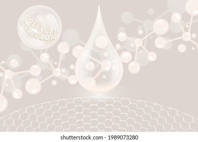 Hyaluronic acid skin solutions ad, white collagen serum drop with cosmetic advertising background ready to use, illustration vector.