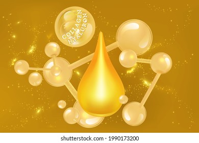 Hyaluronic acid skin solutions ad, gold collagen serum drop with cosmetic advertising background ready to use, illustration vector.