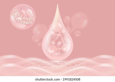 Hyaluronic acid skin solutions ad, pink collagen serum drops with cosmetic advertising background ready to use, illustration vector.