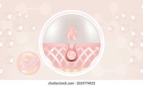 Hyaluronic acid skin solutions ad, pink collagen serum drops with cosmetic advertising background ready to use, illustration vector.