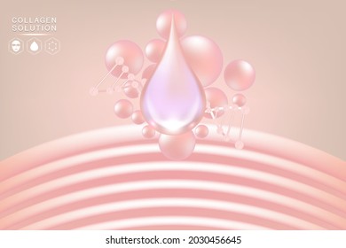 Hyaluronic acid skin solutions ad, pink collagen serum drop with cosmetic advertising background ready to use, illustration vector.	