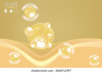 Hyaluronic acid skin solutions ad, gold collagen serum drops with cosmetic advertising background ready to use, illustration vector.	
