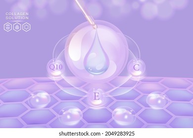 Hyaluronic acid skin solutions ad, purple collagen and vitamin serum drops with cosmetic advertising background ready to use, illustration vector.