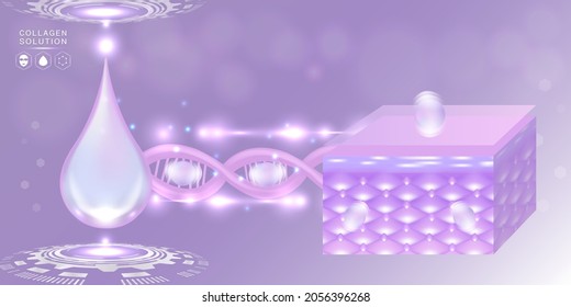 Hyaluronic acid skin solutions ad, purple collagen serum drops with cosmetic advertising background ready to use, illustration vector.	
