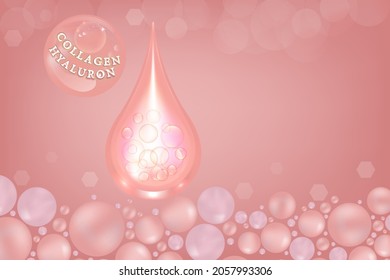 Hyaluronic acid skin solutions ad, pink collagen serum drop with cosmetic advertising background ready to use, illustration vector.