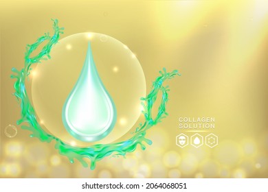 Hyaluronic acid skin solutions ad, blue collagen serum drop with cosmetic advertising background ready to use, illustration vector.