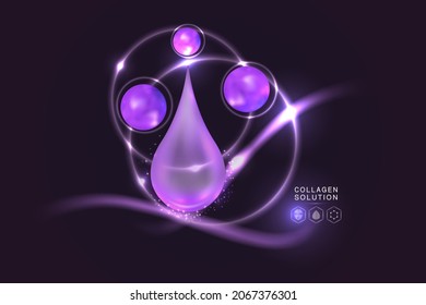 Hyaluronic acid skin solutions ad, purple collagen serum drops with cosmetic advertising background ready to use, illustration vector.