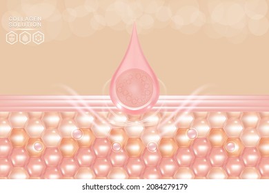 Solución cutánea de ácido hialurónico y colágeno rosa caída de suero con fondo de publicidad estética lista para usar, vector de ilustración.	