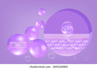 Hyaluronic acid skin solutions ad, purple collagen serum drops with cosmetic advertising background ready to use, illustration vector.	
