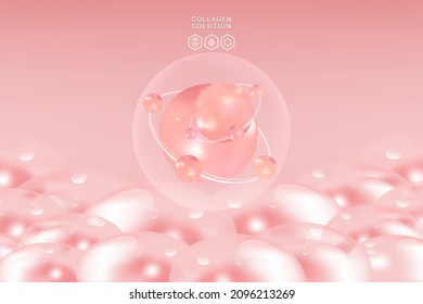 Solución cutánea de ácido hialurónico y gotas séricas de colágeno rosa con fondo publicitario estético listo para usar, vector ilustrativo.