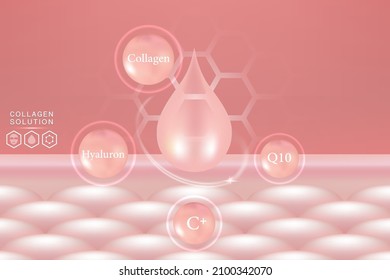 Hyaluronic acid skin solutions ad, pink collagen serum drops with cosmetic advertising background ready to use, illustration vector.