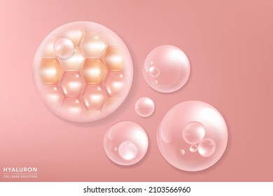 Solución cutánea de ácido hialurónico y gotas séricas de colágeno rosa con fondo publicitario estético listo para usar, vector ilustrativo.