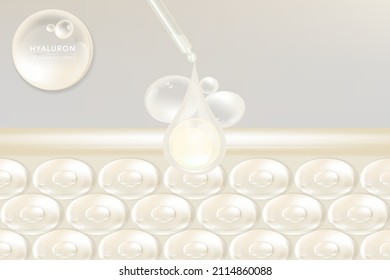 Hyaluronic acid skin solutions ad, white collagen serum drops with cosmetic advertising background ready to use, illustration vector.	