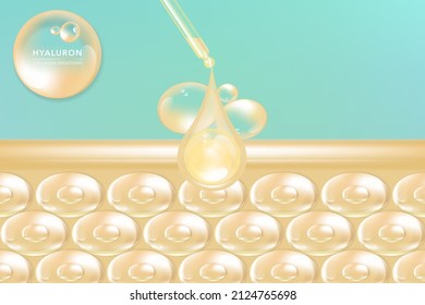 Hyaluronic acid skin solutions ad, gold collagen serum drops with cosmetic advertising background ready to use, illustration vector.	