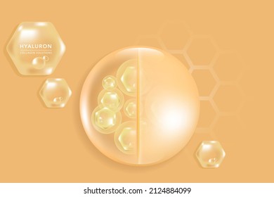 Hyaluronic acid skin solutions ad, gold collagen serum drops with cosmetic advertising background ready to use, illustration vector.	