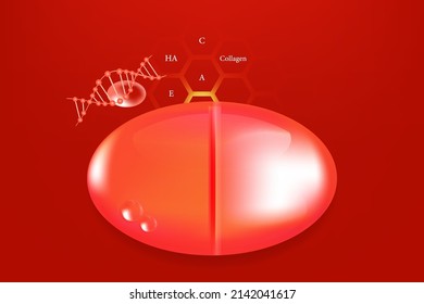 Hyaluronic acid skin solutions ad, red collagen serum drops with cosmetic advertising background ready to use, illustration vector.	