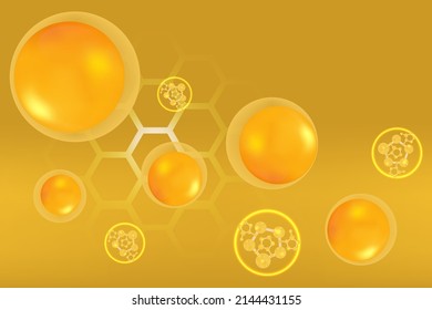 Hyaluronic acid skin solutions ad, gold collagen serum drops over gold skin cells with cosmetic advertising background ready to use, illustration vector.
