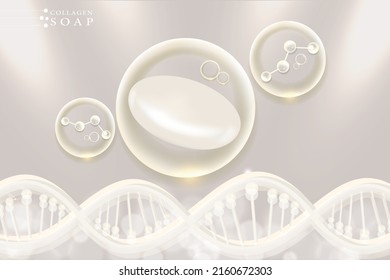 Hyaluronic acid skin solutions ad, white collagen soap with cosmetic advertising background ready to use, illustration vector.	