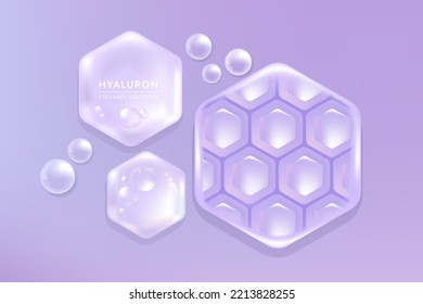 Hyaluronic acid skin solutions ad, purple collagen serum drops with cosmetic advertising background ready to use, illustration vector.