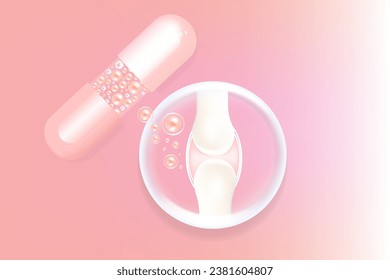 Hyaluronsäure-Hautlösungen und rosafarbenes Kollagen Typ 2 und Vitamin-Serumtropfen mit kosmetischem Werbescreen-Hintergrund, bereit zur Verwendung von Vektorgrafik.	